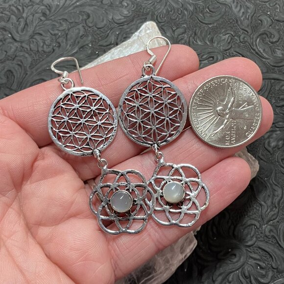 Moonstone Flower Seed of Life Sacred Geometry Earrings - Picture 5 of 6